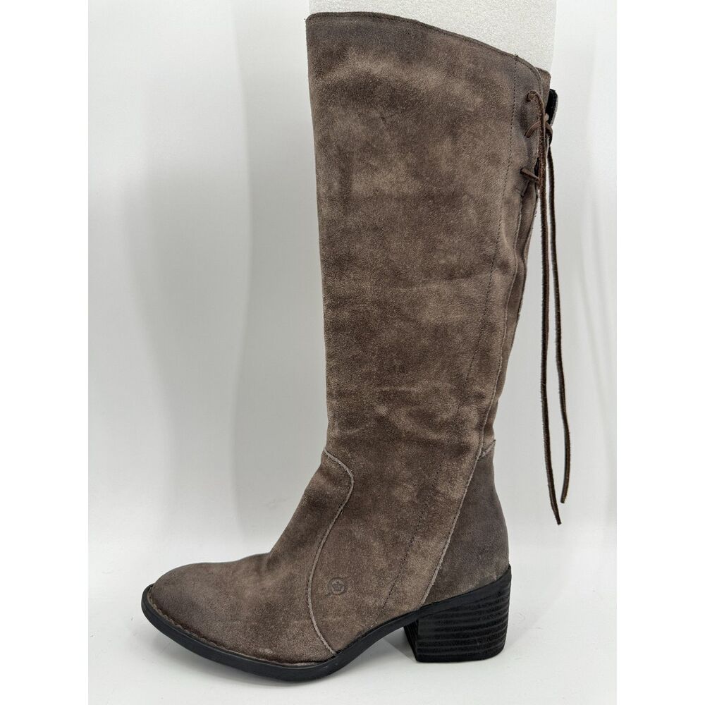BORN Felicia Gray Brown Suede Lace Back Heeled Boots Size 8.5 - Picture 6 of 11
